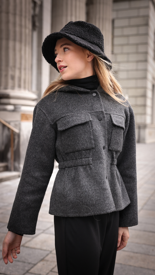 WOOL JACKET - GIRLS HOODED GATHERED POCKET